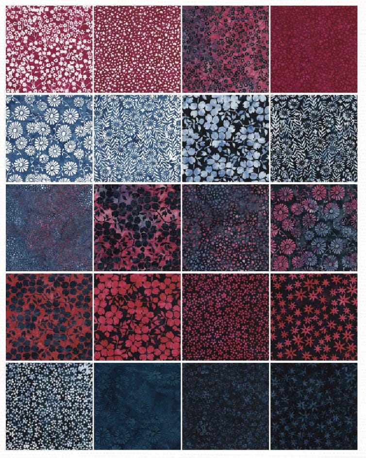 Red White and Blooms Batik 2 1/2" Strips Bundle of 40 from Island Batik