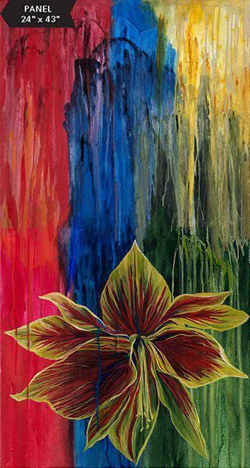 May include: Abstract painting featuring a large, dark red amaryllis flower with yellow-green accents. The background is a vertical arrangement of red, blue, green, and yellow paint, with visible brushstrokes and drips. The painting's dimensions