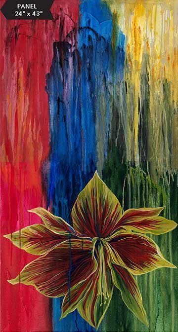 May include: Abstract painting featuring a large, dark red amaryllis flower with yellow-green accents. The background is a vertical arrangement of red, blue, green, and yellow paint, with visible brushstrokes and drips. The painting's dimensions