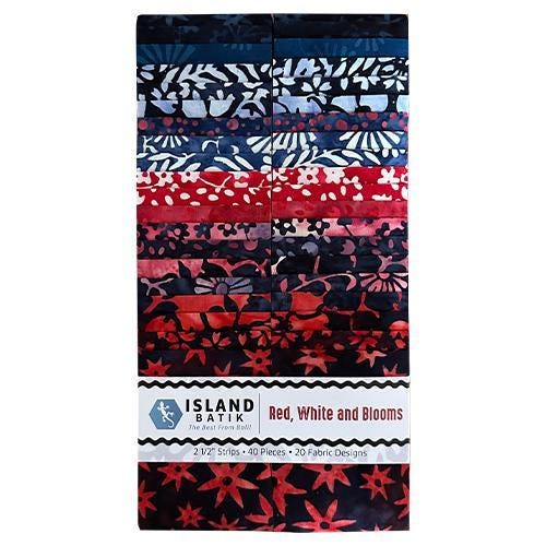 Red White and Blooms Batik 2 1/2" Strips Bundle of 40 from Island Batik